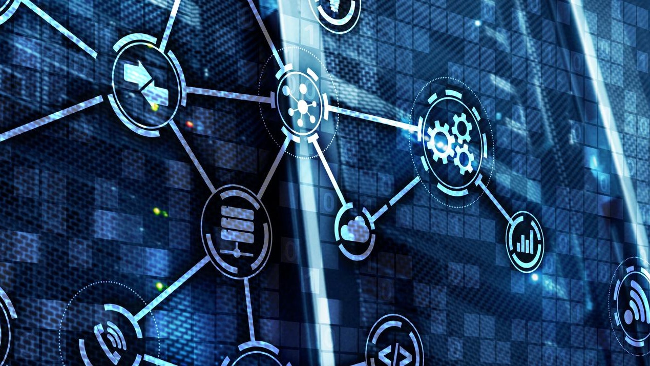 Network of data and security icons around a document with binary code, selected by a pointing hand