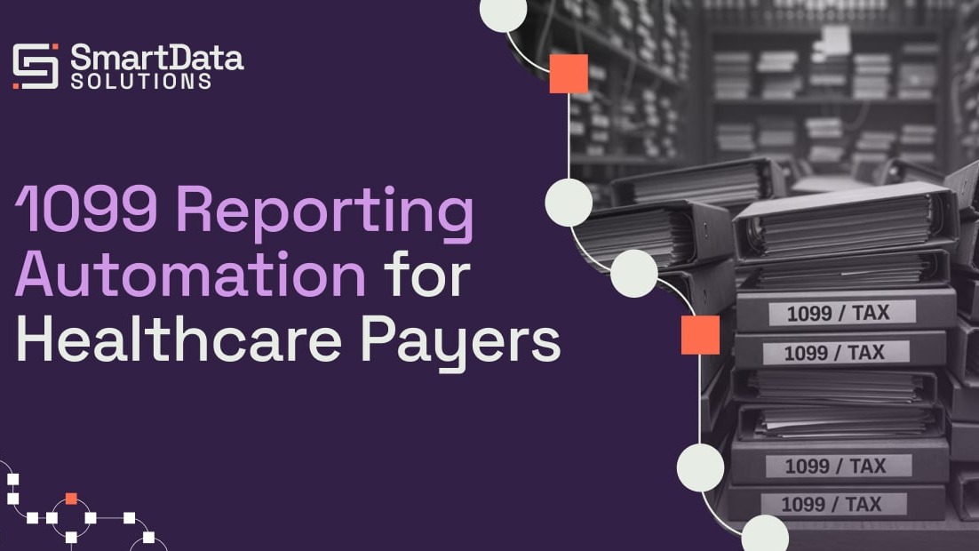 1099 Reporting Automation for Healthcare Payers, beside stacked binders labeled 1099/TAX