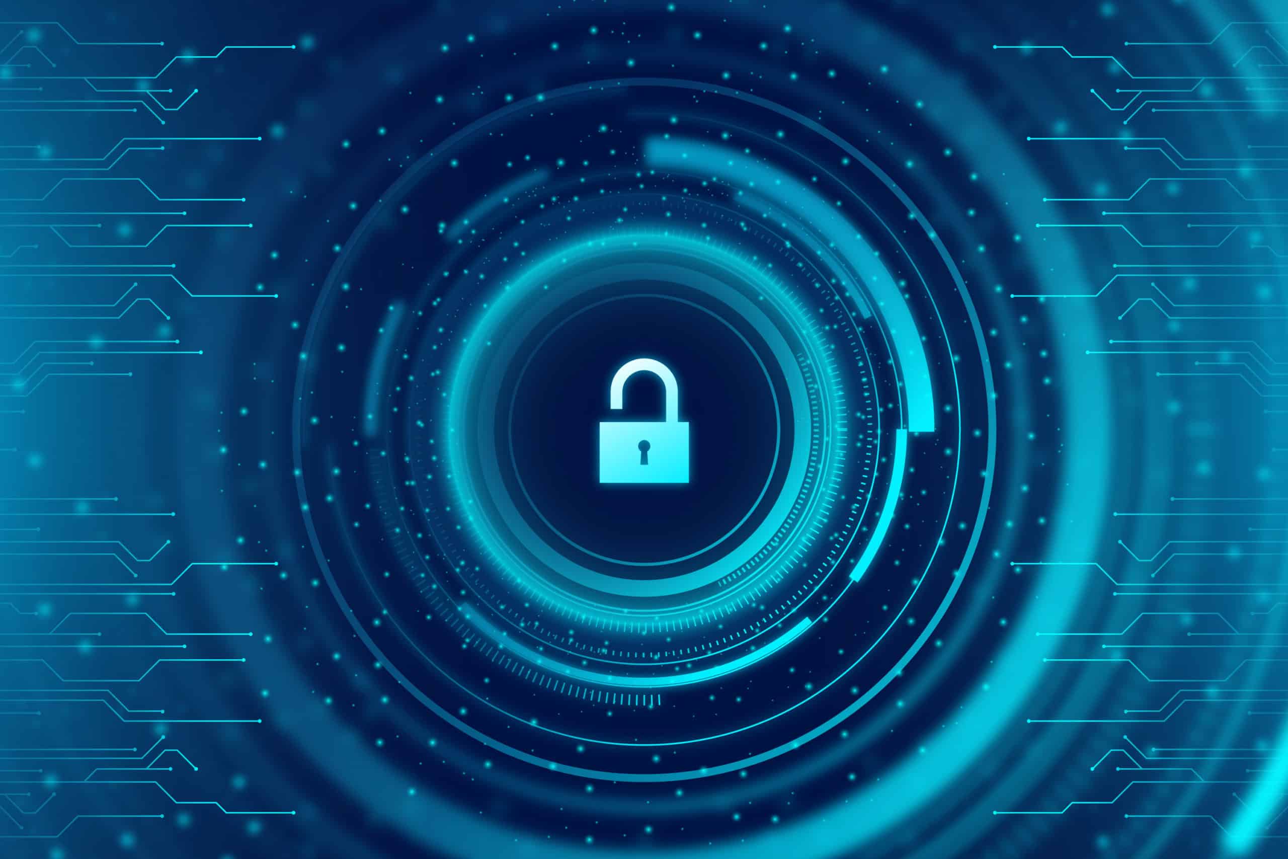 Glowing padlock at the center of a digital circuit pattern, representing HITRUST security certification