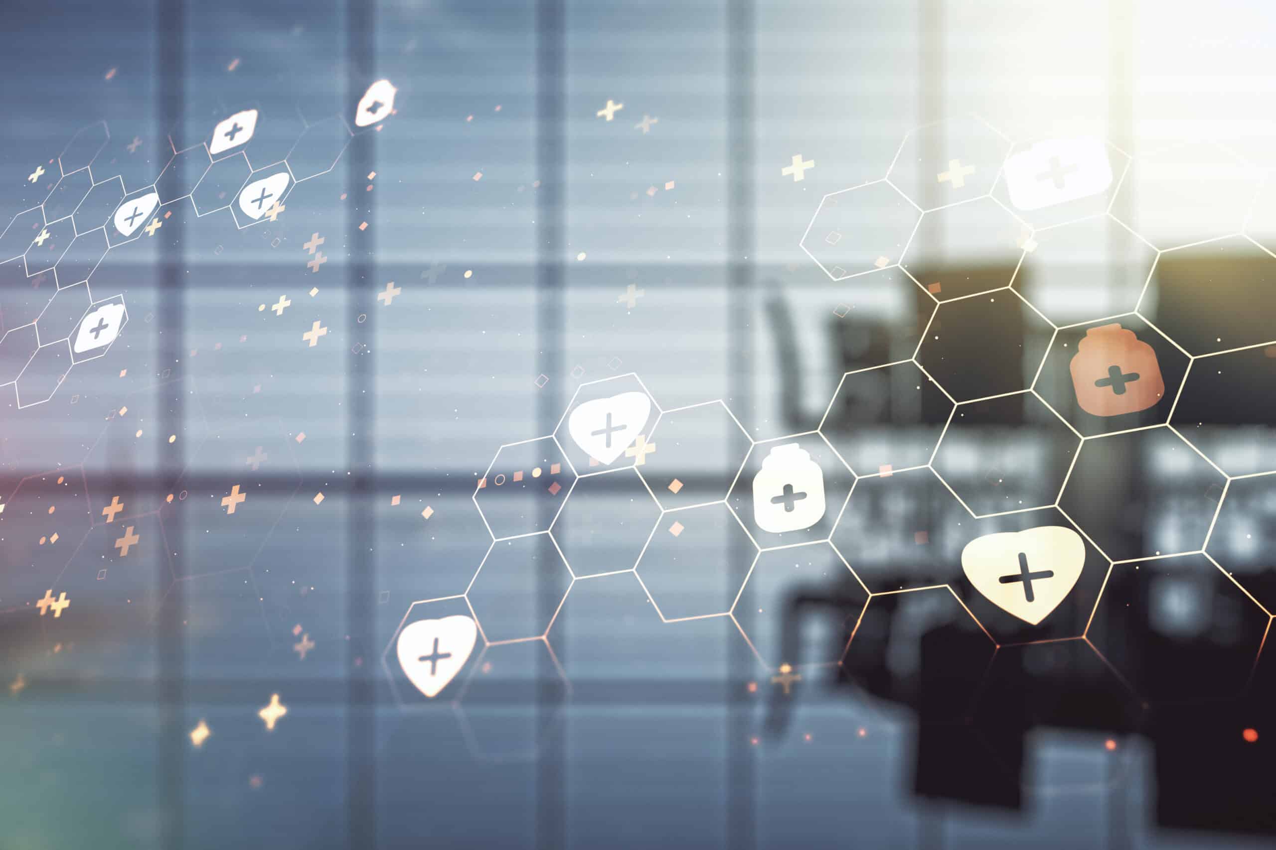 Hexagon grid of medical shield icons over a blurred conference room