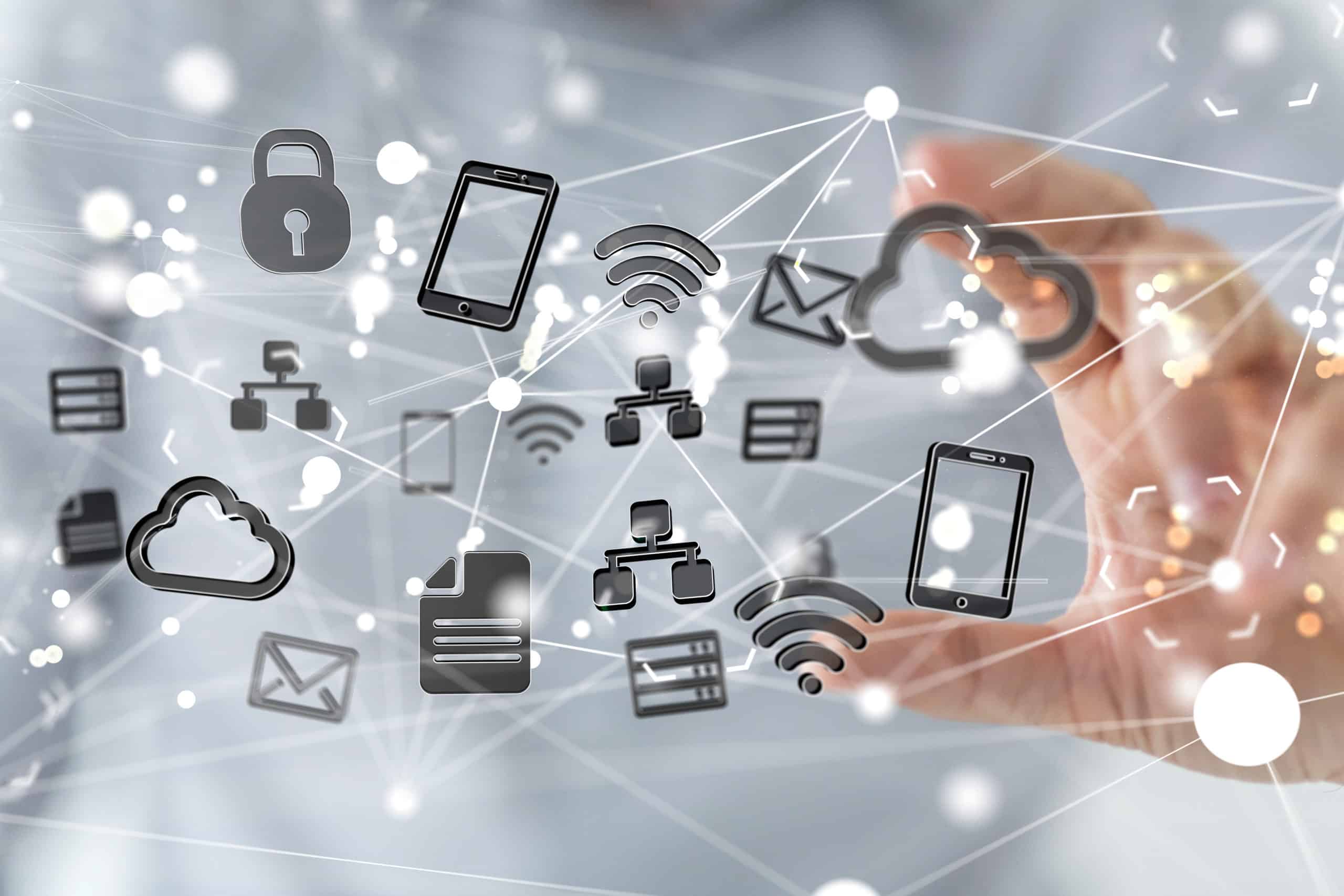 Hand holding cloud, lock, mobile and network icons connected by lines
