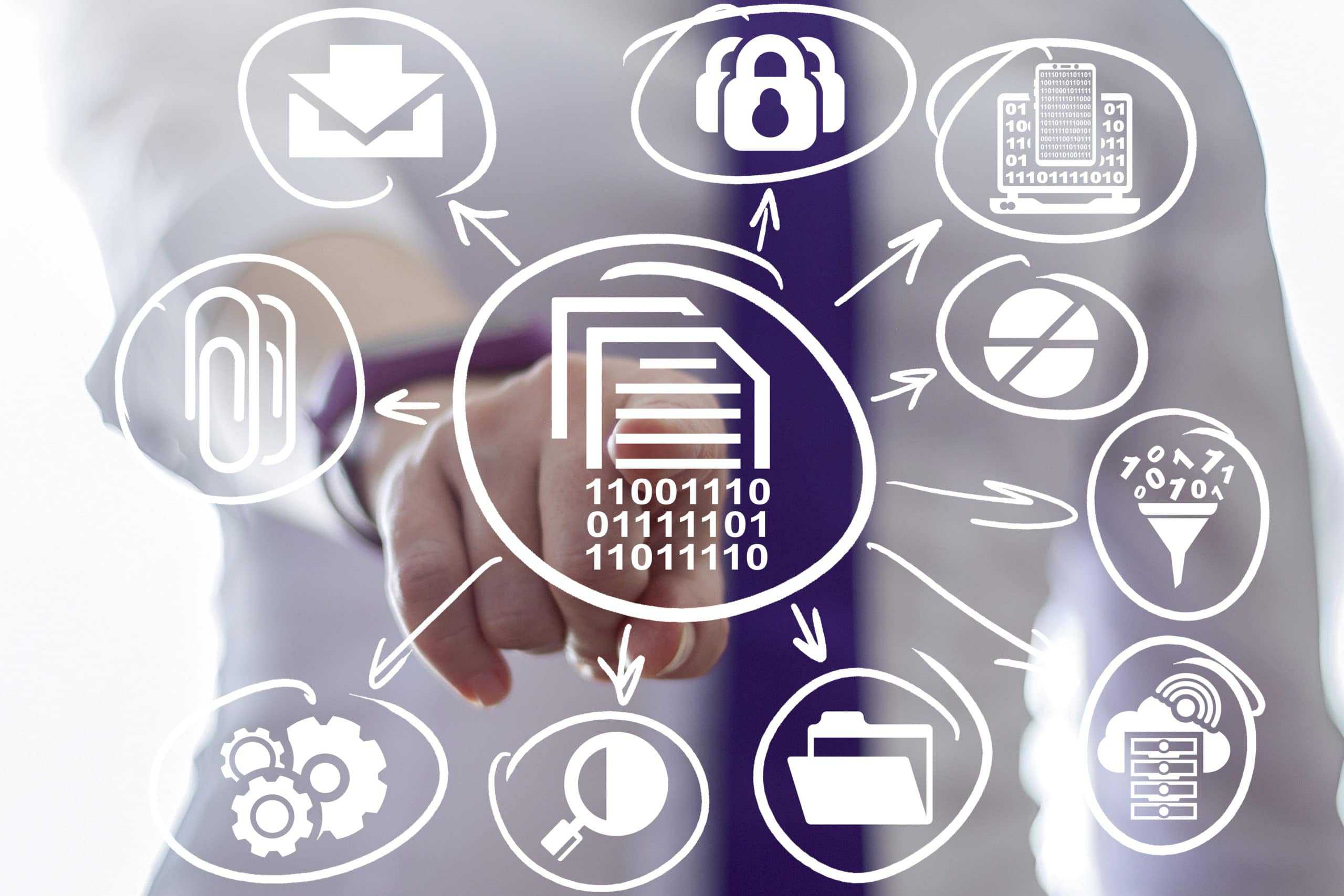 Hand selecting a document icon surrounded by data, security and workflow icons, representing OCR