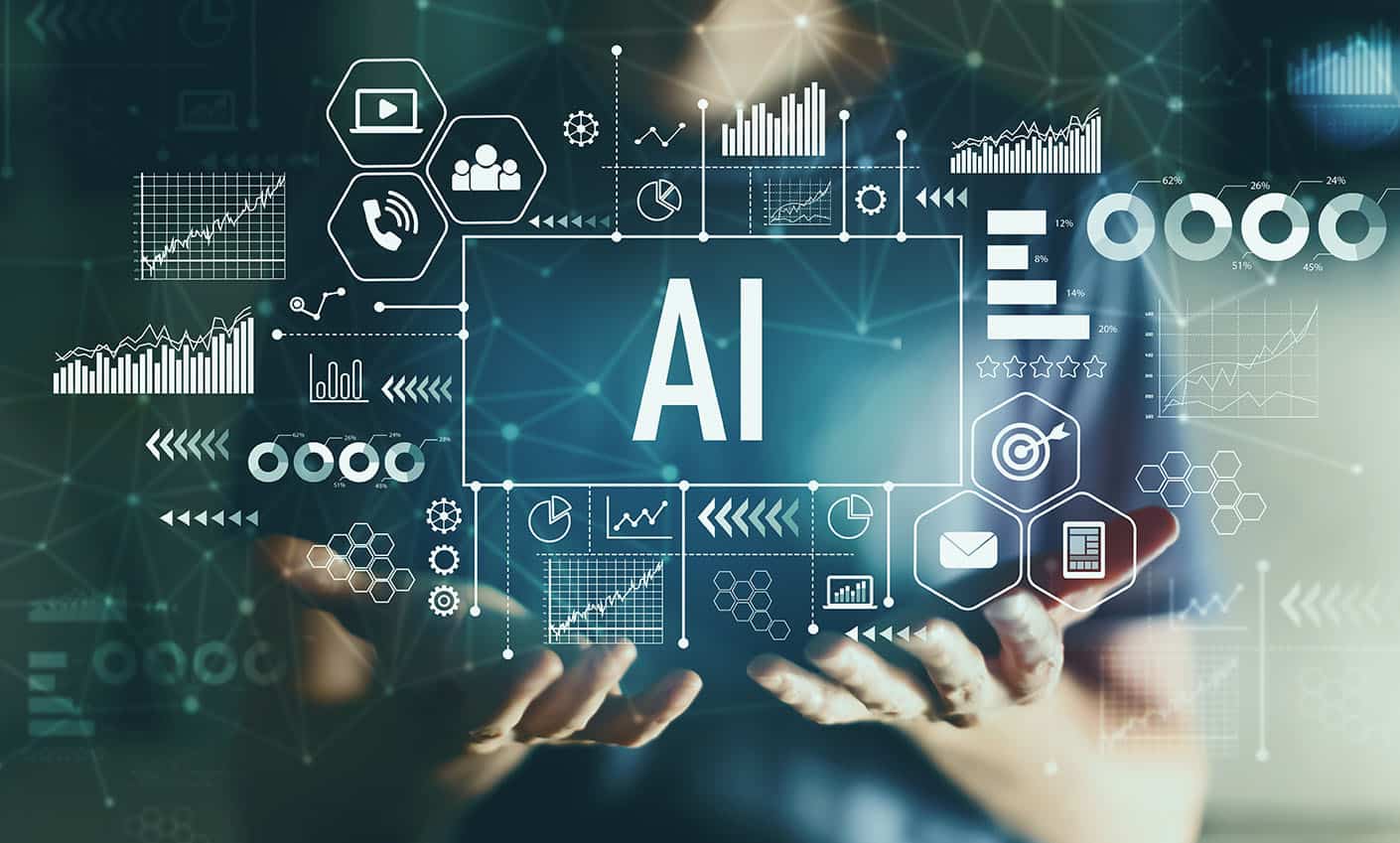 Pair of open hands beneath a glowing AI graphic surrounded by charts and icons