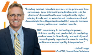 Smart Data Solutions Co-CEO John Prange beside a quote on AI for analyzing medical records