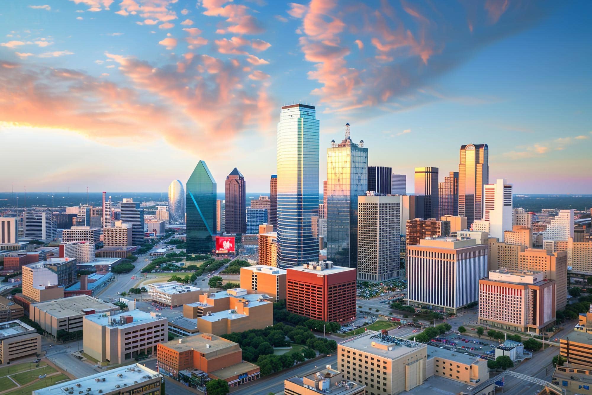 Aerial view of the Dallas skyline at sunset