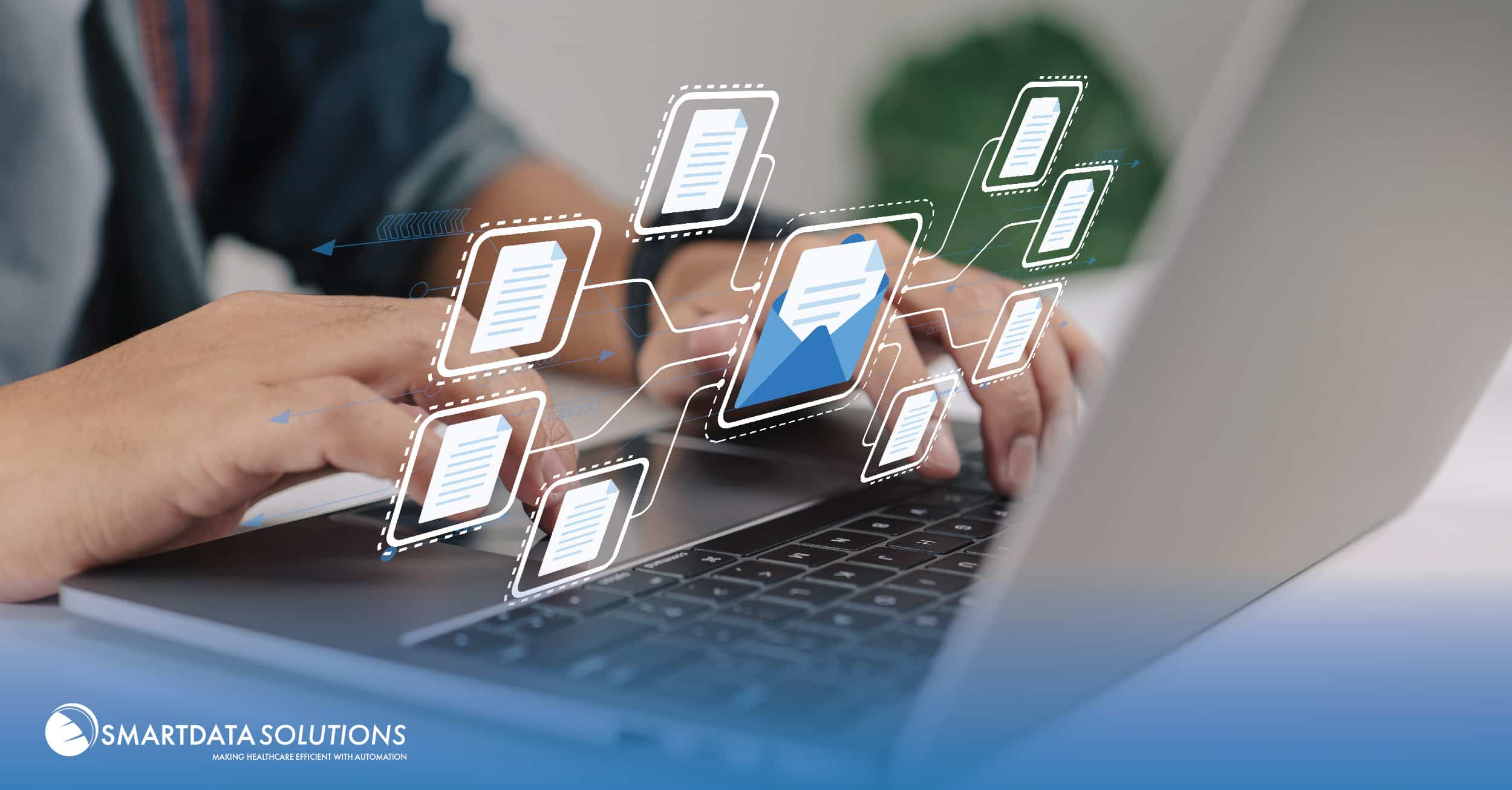 Hands on a laptop keyboard with floating document and email icons representing a digital mailroom