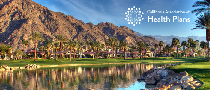 Desert resort lake and mountains with the California Association of Health Plans logo