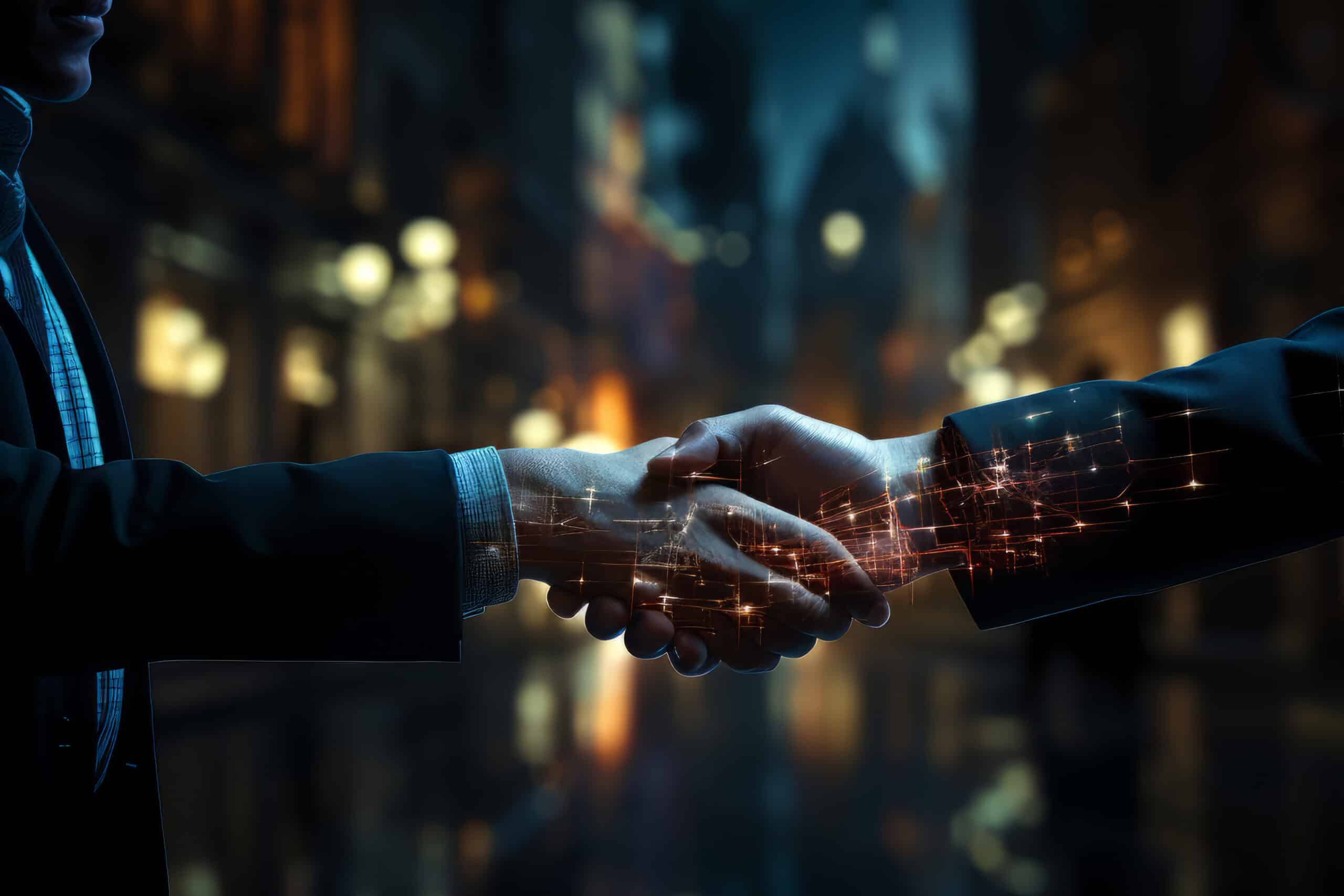 Two business professionals shaking hands in a dark city scene with glowing data lines