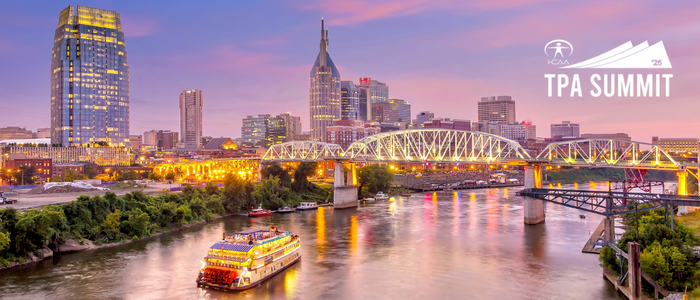 Nashville skyline at dusk with the HCAA TPA Summit logo