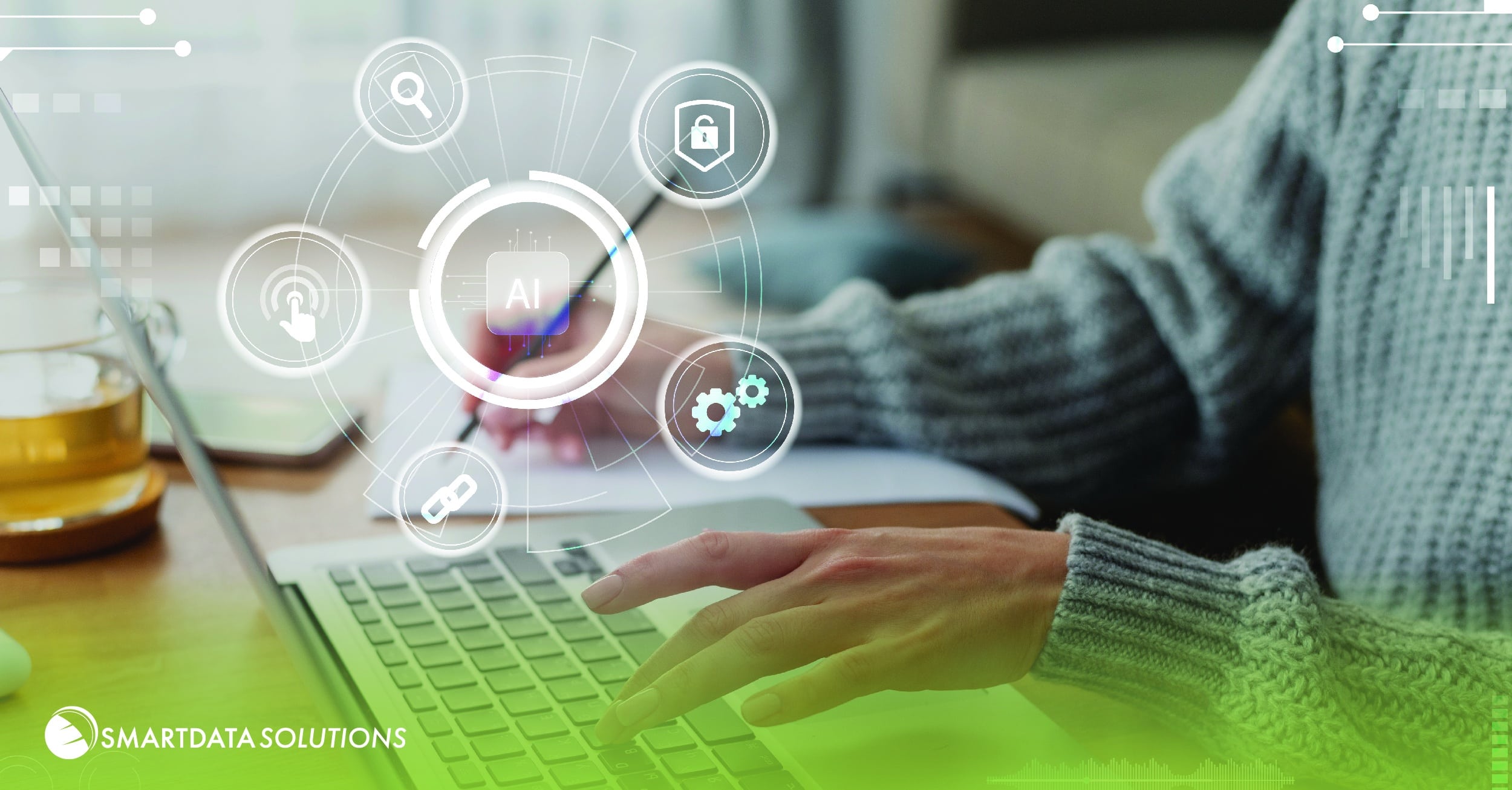 AI icons over a person typing on a laptop, with the SmartData Solutions logo
