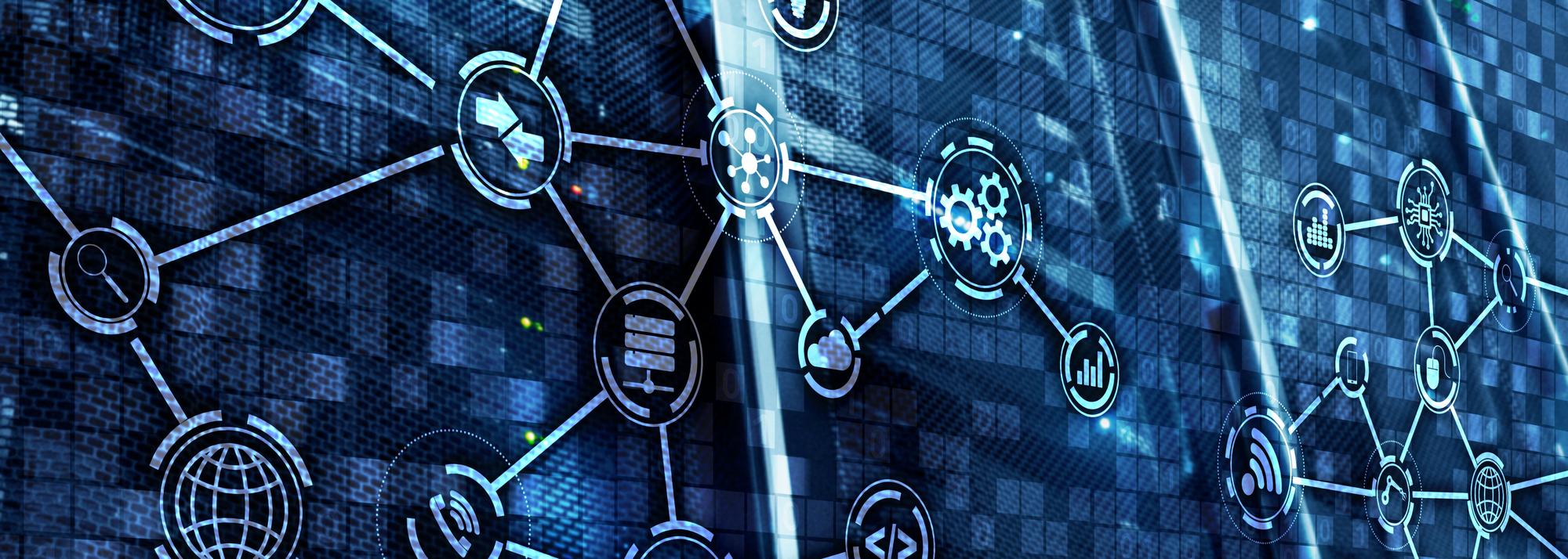 Network diagram of connected technology icons over a server room background