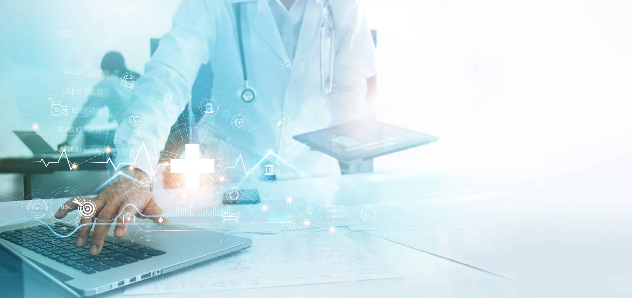 Doctor typing on a laptop with floating healthcare data icons