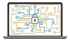 Illustration of a laptop with a padlock and circuit paths, representing secure claims data