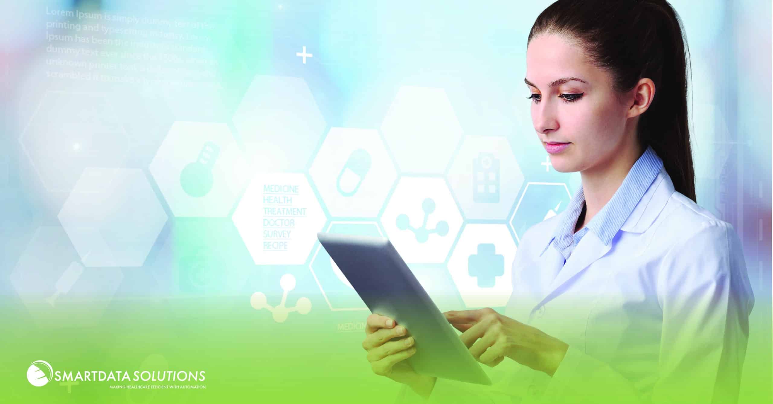 Healthcare professional using a tablet with medical icons overlaid