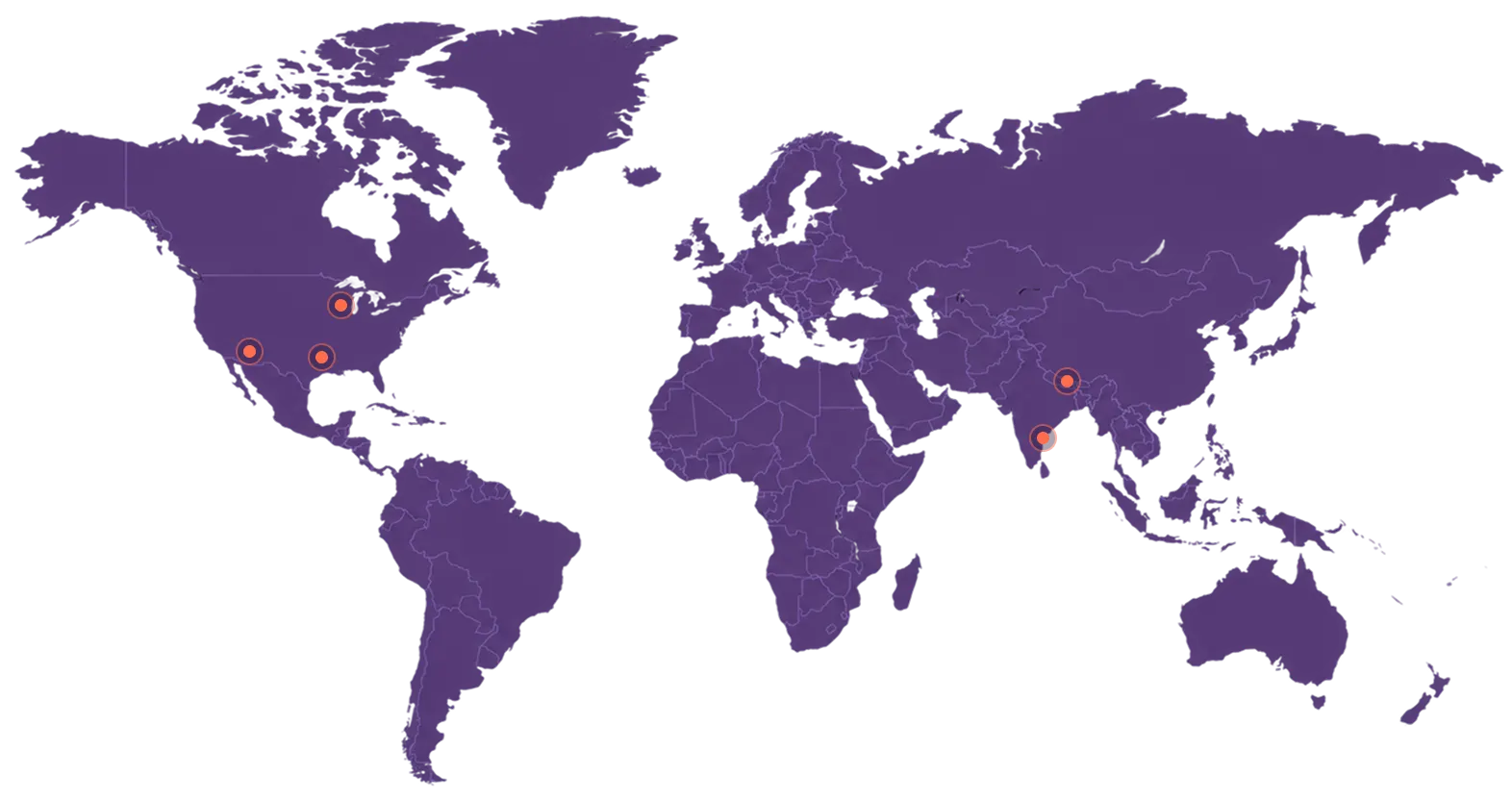 World map marking Smart Data Solutions delivery locations in North America and India