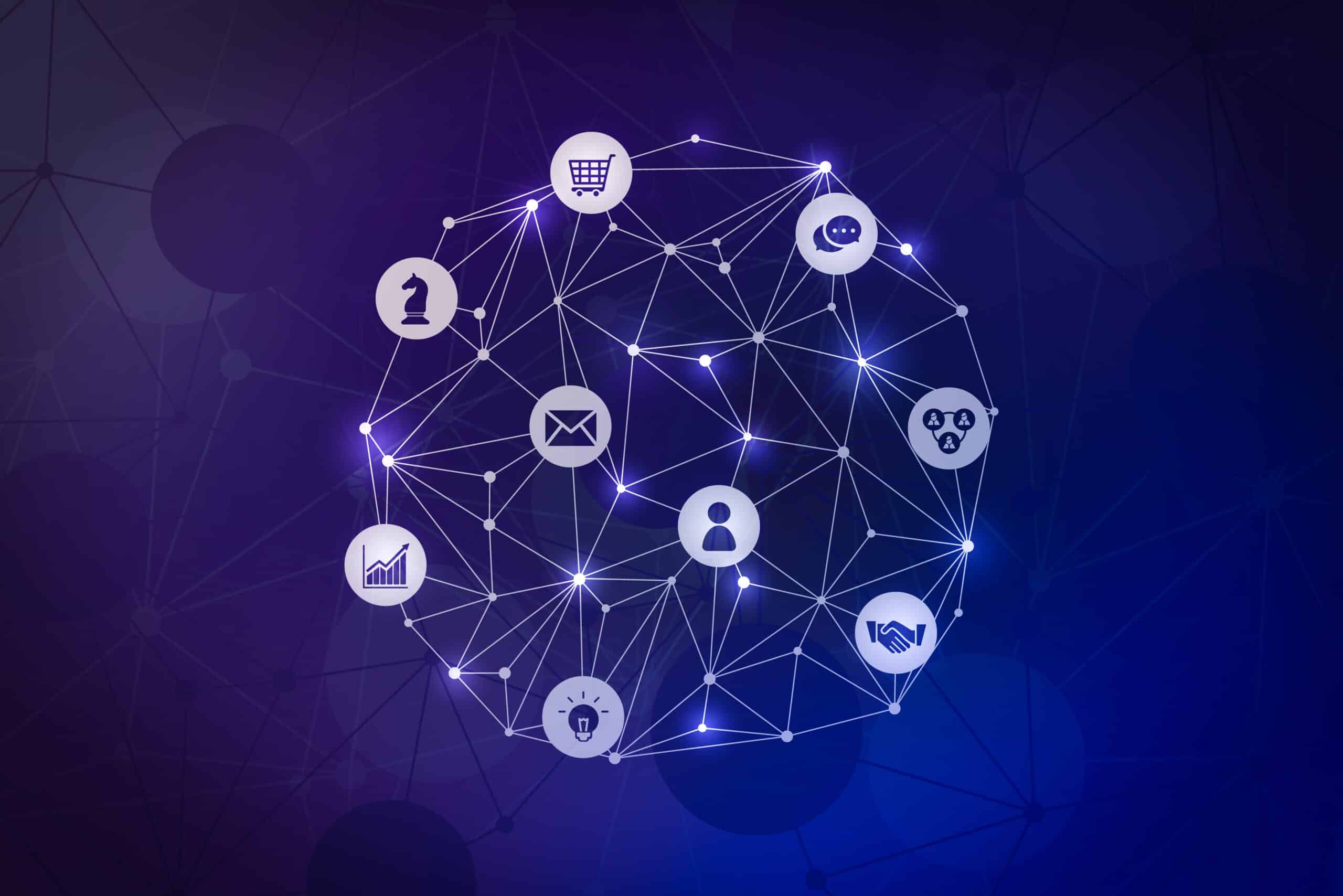 Network of connected icons including a shopping cart, mail and handshake on a purple background