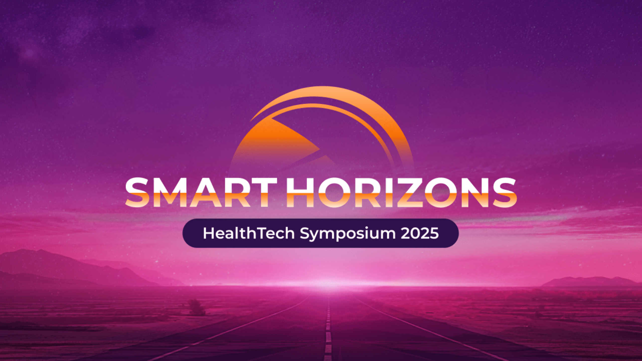 Smart Horizons HealthTech Symposium 2025 logo over a purple sunset landscape
