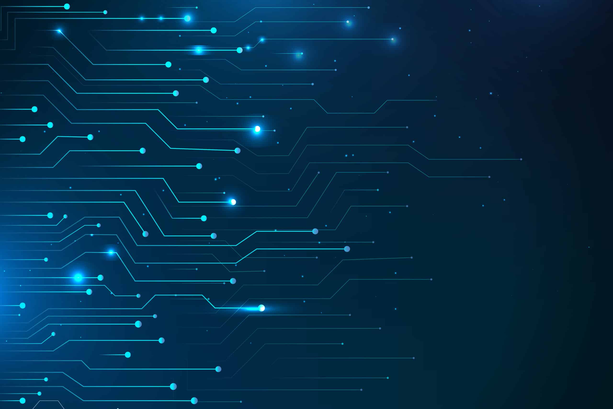 Glowing blue circuit lines on a dark background, representing digital technology