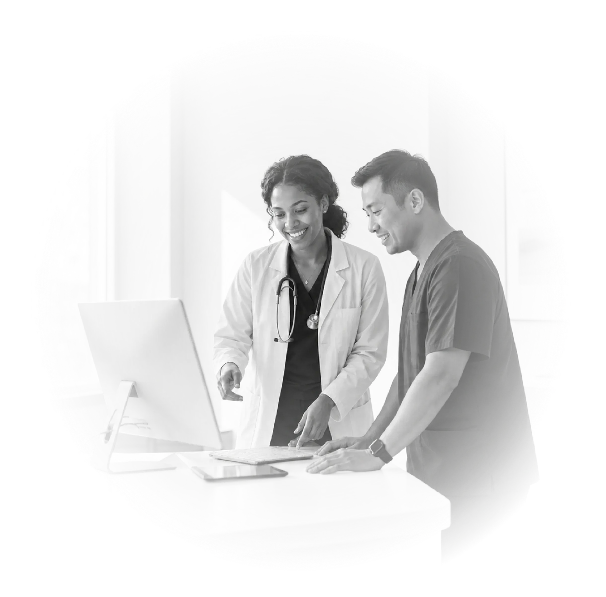 Business colleagues collaborating around a tablet in an office